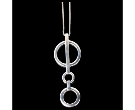 A Danish modernist sterling silver geometric triple hoop drop pendant necklace, on silver foxtail link chain, pendant 65.5mm,