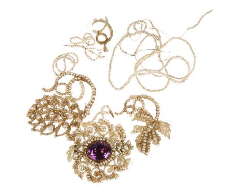 A Georgian seed pearl and mother-of-pearl foil-back amethyst brooch, circa 1830, and a similar partial necklace (A/F)Lot sold