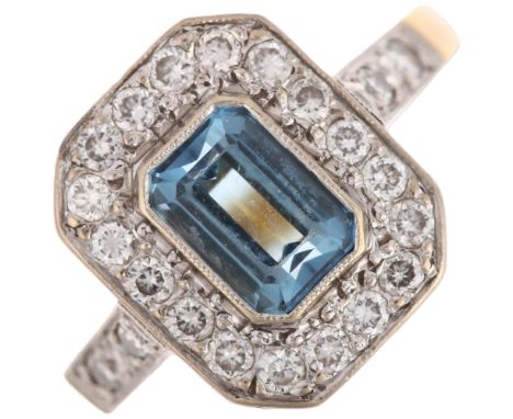 An 18ct gold aquamarine and diamond rectangular cluster ring, maker EWA, London 2001, rub-over set with 0.85ct octagonal step