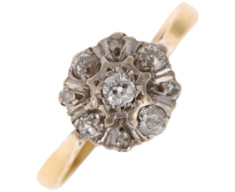 An 18ct gold diamond flowerhead cluster ring set with old and single-cut diamonds, total diamond content approx 0.25ct, setti