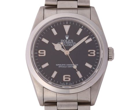 ROLEX - a stainless steel Oyster Perpetual Explorer automatic bracelet watch, ref. 14270, circa 1991, black dial with luminou