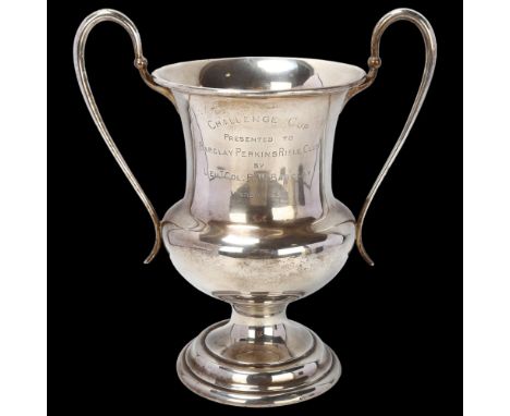 A George V silver 2-handled pedestal trophy cup, no maker, London 1919, Challenge cup presented to Barclay Perkins Rifle Club