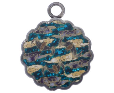 A miniature Japanese silver and enamel double-sided pendant, with Mount Fuji scene and bats among clouds, 28.8mm, 5.4gNo dama
