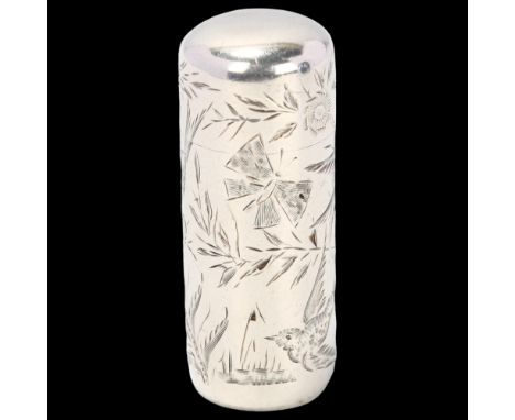 A Victorian Aesthetic Movement silver pocket travelling scent flask, John Millward Banks, Birmingham 1885, engraved bird and 