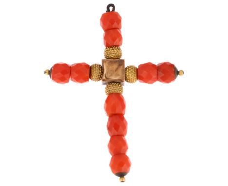 An Italian 19th century faceted coral cross pendant, unmarked gold settings, pendant height 38.5mm, 2.3g1 side of central squ