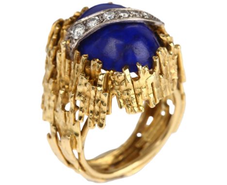 ALAN MARTIN GARD - a modernist 18ct gold lapis lazuli and diamond ring, maker AMG, London 1969, the central oval cabochon lap