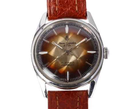 HENRI SANDOZ & FILS - a Vintage stainless steel mechanical wristwatch, brown ombre dial with applied baton hour markers and s