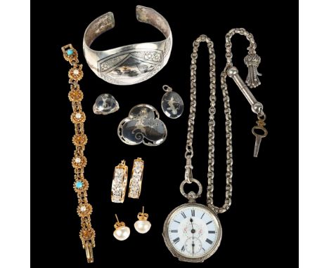 Various jewellery, including Continental silver fob watch, Albert chain with button hook, Siam sterling brooch etc, 138.3g gr