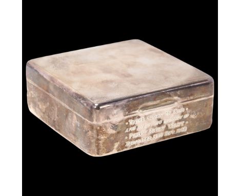 An Elizabeth II silver cigarette box, Adie Brothers Ltd, Birmingham 1955, square form with engine turned lid, 8.5cm x 8.5cm, 