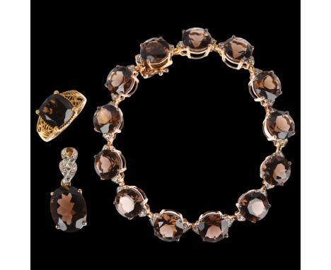 A matched smoky quartz and diamond jewellery set, comprising sterling silver-gilt bracelet, 19cm, sterling pendant 30.3mm, an