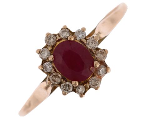 A modern 9ct rose gold ruby and diamond oval cluster ring, claw set with oval mixed-cut ruby and modern round brilliant-cut d