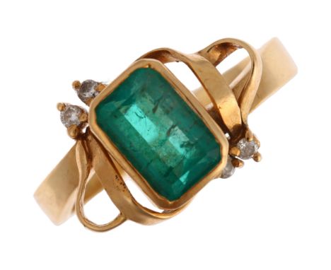 A Continental 18ct gold emerald and diamond ring, central rub-over set 1.2ct octagonal step-cut emerald within diamond set op