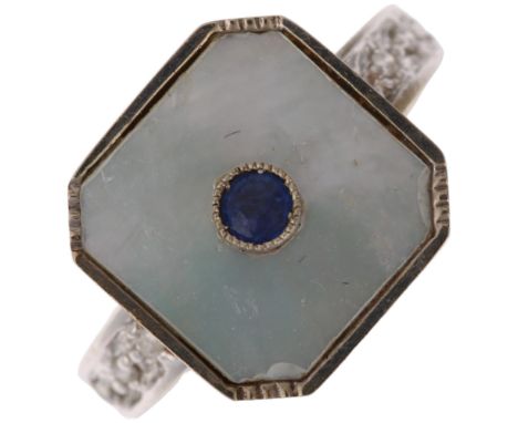 An Art Deco 9ct white gold sapphire mother-of-pearl and diamond panel ring, with later shank, setting height 11.8mm, size J, 