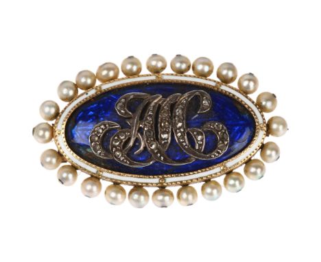 An Antique diamond pearl and enamel memorial brooch, unmarked gold closed-back settings in oval form, decorated with blue ena