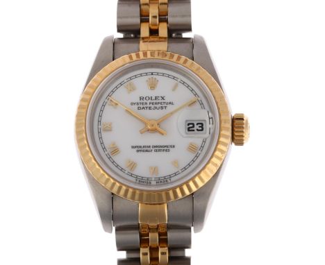 ROLEX - a lady's bi-metal Oyster Perpetual Datejust automatic calendar bracelet watch, ref. 69173, circa 1991, white dial wit