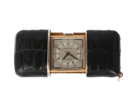 MOVADO - an Art Deco gold plated leather Ermeto chronometer travelling purse watch, circa 1930, square silvered dial with Ara