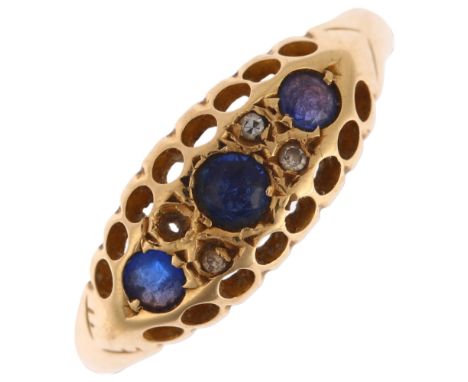 An early 20th century 18ct gold sapphire and diamond half hoop ring, Chester 1918, setting height 7.1mm, size Q, 2g1 diamond 