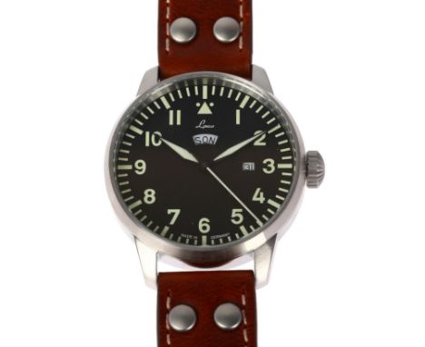 LACO - a stainless steel Genf Pilot's quartz calendar wristwatch, ref. 861807, black dial with luminous Arabic numerals, lumi