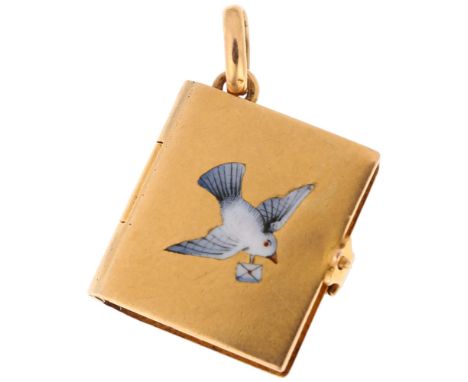 An Antique 18ct gold enamel dove book locket pendant, circa 1890, opening with catch to reveal inner glass-covered panel, 16m