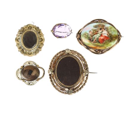5 Victorian brooches, including woven hair mourning exampleLot sold as seen unless specific item(s) requested 