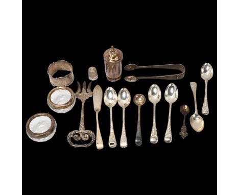 Various silver, including red fork, pepperette, napkin ring etc, #7.5oz weighableLot sold as seen unless specific item(s) req