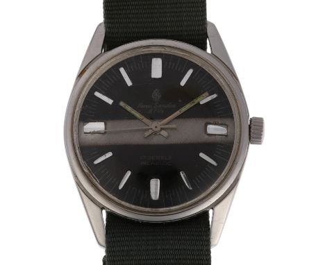 HENRI SANDOZ & FILS - a Vintage stainless steel mechanical wristwatch, black and silvered striped dial, with applied block ho