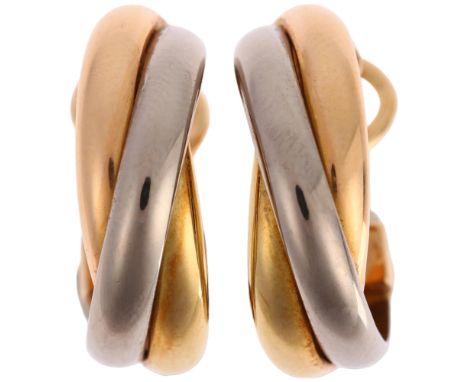 CARTIER - a pair of 18ct three-colour gold Trinity hoop earrings, with English lock fittings, signed Cartier and numbered MX0