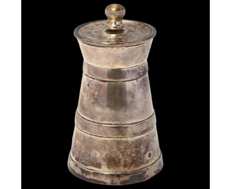 An Art Deco George V silver lighthouse design peppermill, John Goffe & Son, Birmingham 1910, 7cm, 3.6oz grossBody has a few v