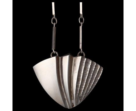 MATTI HYVARINEN - a Finnish modernist sterling silver fold panel necklace, with integral sterling bar link chain, pendant 28m