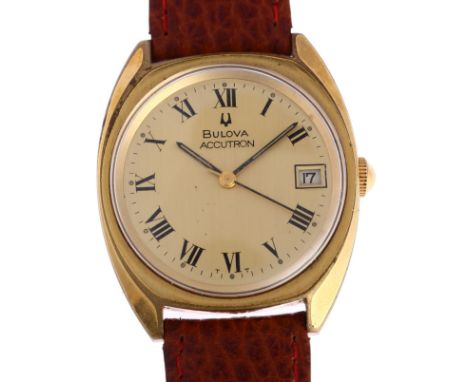 BULOVA - a gold plated stainless steel Accutron quartz wristwatch, ref. 7303-3, champagne dial with Roman numeral hour marker