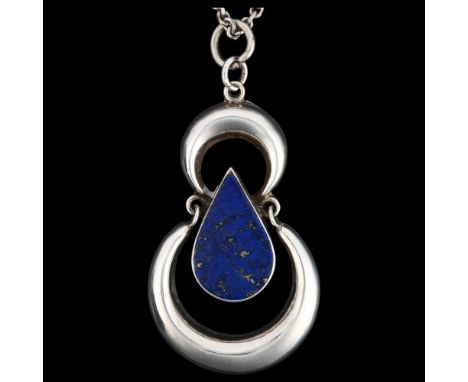 A sterling silver lapis lazuli pendant necklace, on Danish sterling cable link chain, pendant 66.6mm, chain 36cm, 15.2gNo dam