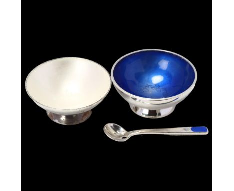 2 Danish modernist sterling silver and enamel salt cellars and single spoon, makers include Volmer Bahner and Anton Michelsen