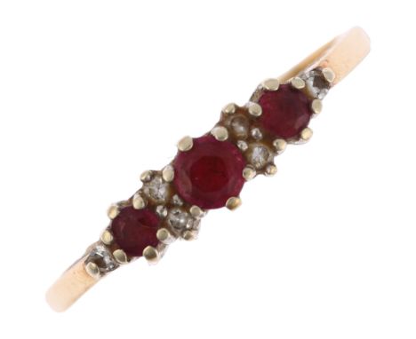 A modern 9ct gold ruby and diamond half hoop ring, setting height 4.3mm, size S, 2.2gNo damage or repair, all stones present,