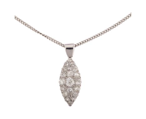 An Antique diamond marquise cluster pendant necklace, pave set with old-cut diamonds, total diamond content approx 0.75ct, wh