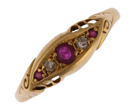 An early 20th century 18ct gold graduated five stone ruby and diamond half hoop ring, indistinct maker, setting height 6mm, s