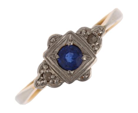 An Art Deco 18ct gold sapphire and diamond panel ring, platinum-topped set with round-cut sapphire and rose-cut diamonds, set