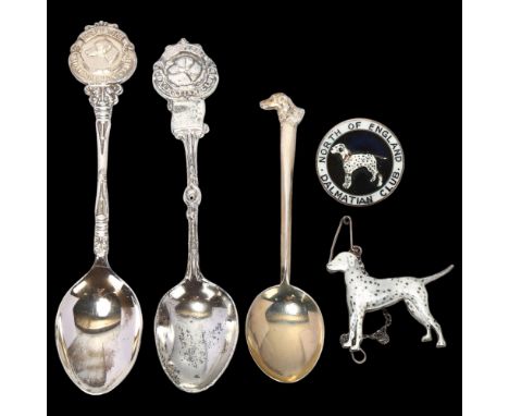 A group of Dalmatian Club silver, including enamel brooches and spoonsLot sold as seen unless specific item(s) requested 