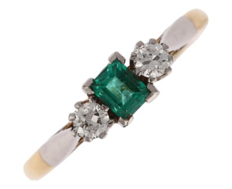 An 18ct gold three stone emerald and diamond ring, set with 0.25ct rectangular step-cut emerald flanked by modern round brill