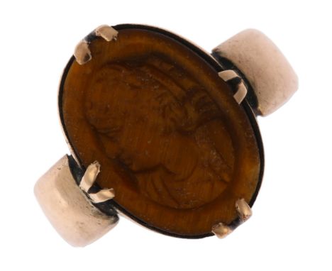 An Antique 9ct rose gold tigers eye signet ring, maker CD, relief carved depicting female profile, setting height 15.1mm, siz