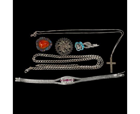 Various silver jewellery, including Victorian floral brooch, curb link chain necklace, Chinese carnelian brooch etcLot sold a