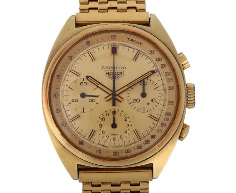 HEUER - a Vintage gold plated Carrera mechanical chronograph bracelet watch, ref. 73655, circa 1978, champagne dial with appl