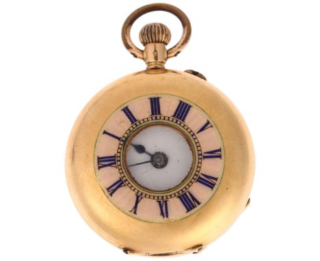 A Swiss 14ct gold and enamel half hunter keyless fob watch, white enamel dial with Roman numeral hour markers, blued steel ha