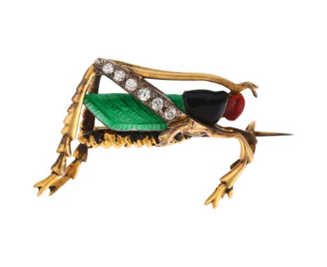 A diamond and enamel figural grasshopper brooch, early/mid-20th century, unmarked yellow metal settings with green enamel win