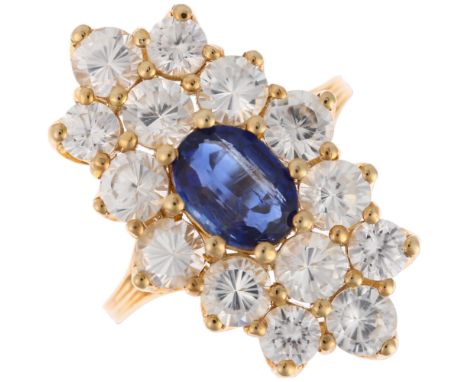 A modern 9ct gold blue and white sapphire cluster ring, setting height 25.7mm, size N, 5.7gNo damage or repair, all stones pr