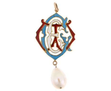 A 19th century polychrome enamel and pearl monogram drop pendant, unmarked yellow metal settings, 47.3mm, 3.4gEnamel has a fe