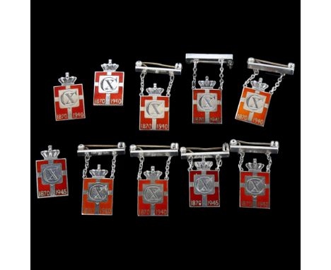 GEORG JENSEN - 10 sterling silver silver and enamel Kingmark badges and brooches, panel 24.2mm, 40.8g totalNo damage or repai