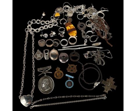 Various jewellery, mostly silver, including rings, brooches, necklaces, pillbox etcLot sold as seen unless specific item(s) r