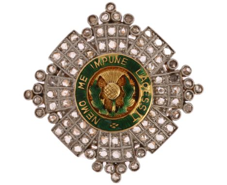 An 18ct gold and platinum Order of the Thistle, central green enamel boss depicting thistle and motto "Nemo Me Impune Lacessi