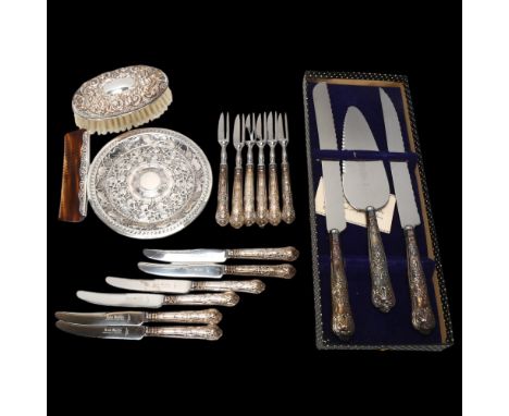 Various silver, including travelling vanity set, cased set of 6 butter knives, Indian silver dish, etcLot sold as seen unless