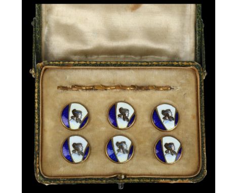 A set of 6 Art Nouveau brass and enamel dress buttons, 15mm, in fitted caseNo damage or repair, no enamel loss 